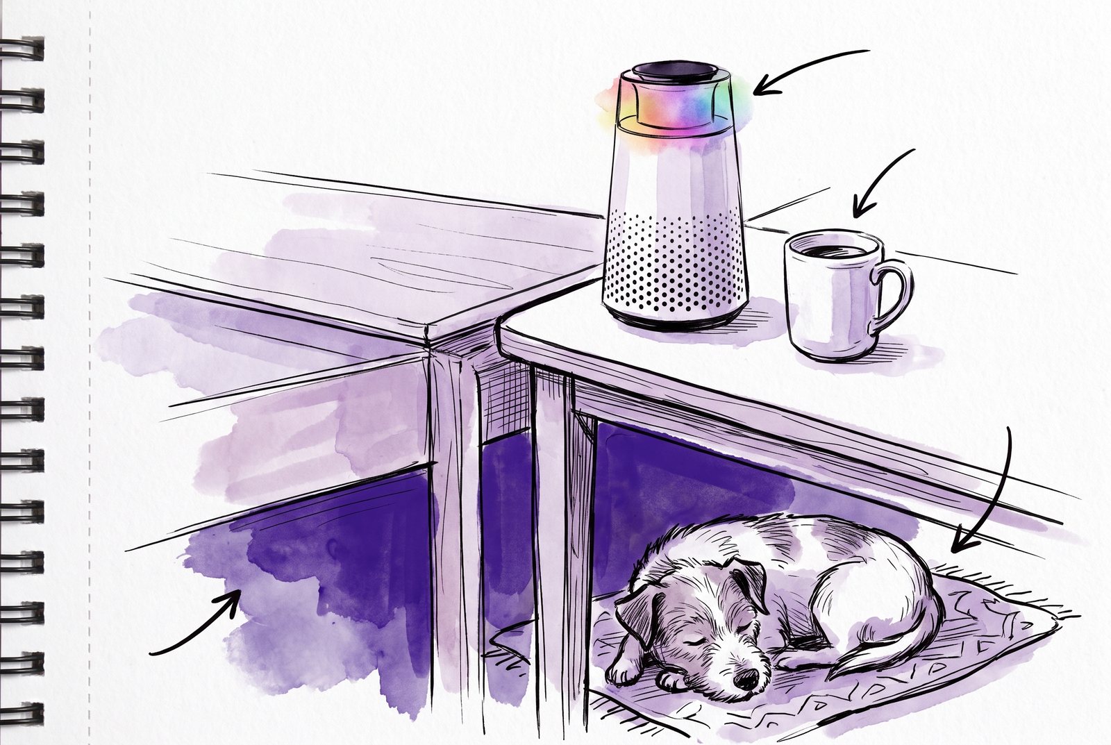 Ink and purple watercolor sketch of the Puppy Kind purifier on a desk corner beside a mug, with a dog asleep on a mat below.