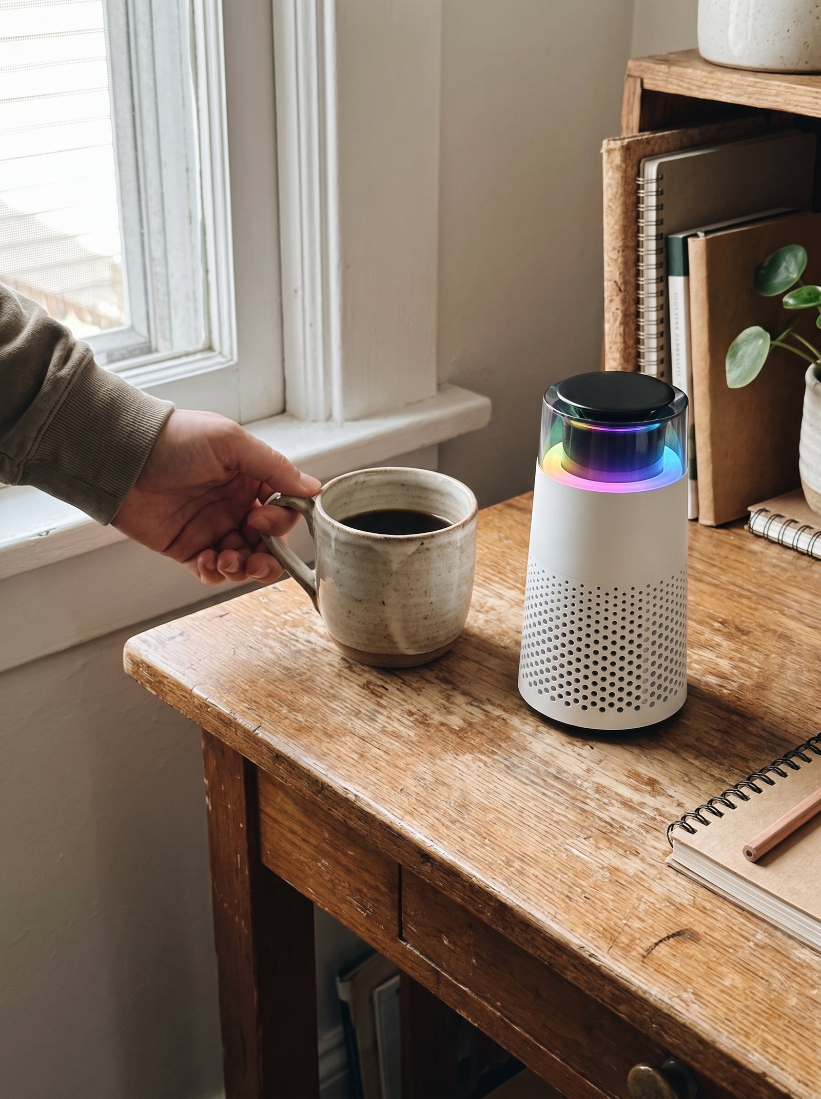 A hand setting a coffee mug down beside the Puppy Kind purifier on a wooden desk, the purifier only slightly taller than the mug.