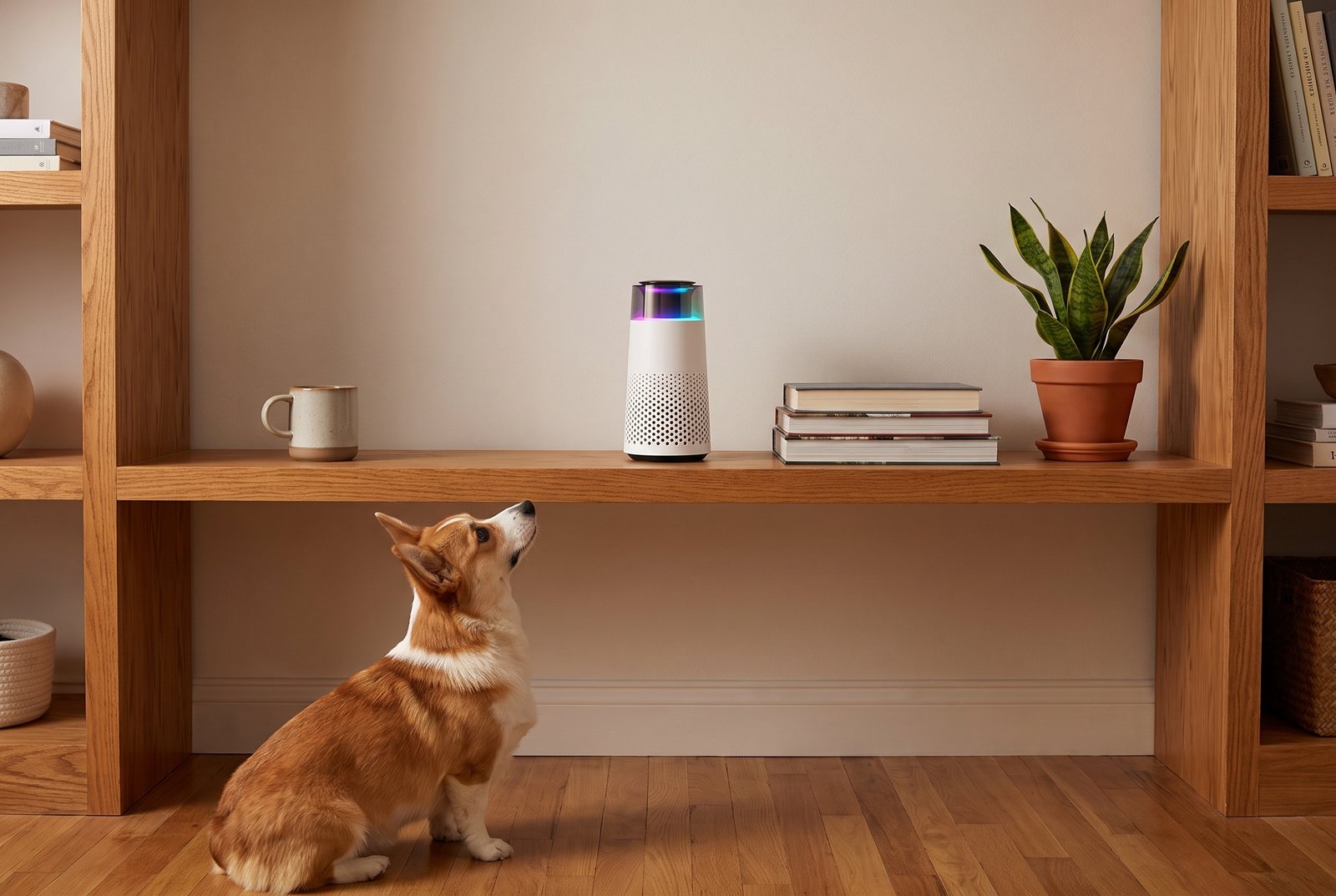 The Puppy Kind purifier on a sturdy wooden bookshelf with books and a plant while a corgi sits on the floor looking up at it.