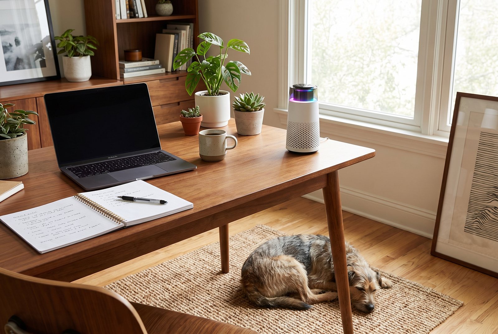 The Puppy Kind purifier at the back corner of a wooden desk with a laptop and notebook while a terrier mix sleeps on a mat under the desk.