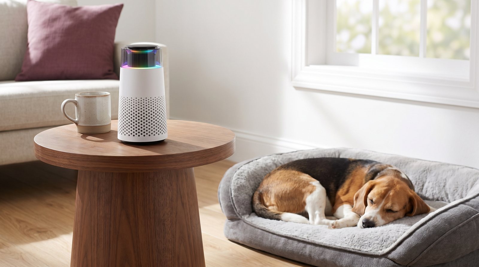 A small white Puppy Kind air purifier with a softly glowing top sits on a round walnut side table beside a coffee mug, next to a beagle asleep on a gray dog bed.