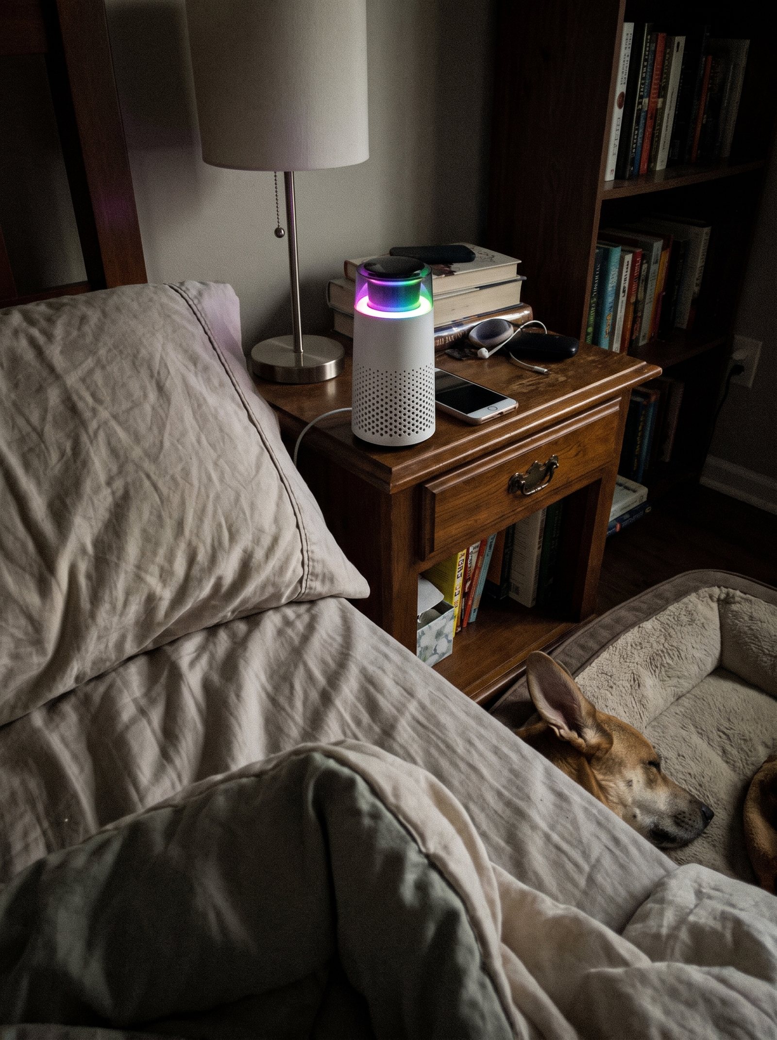 A view from the bed across rumpled bedding to a nightstand where the Puppy Kind purifier glows, with a dog on its bed below.