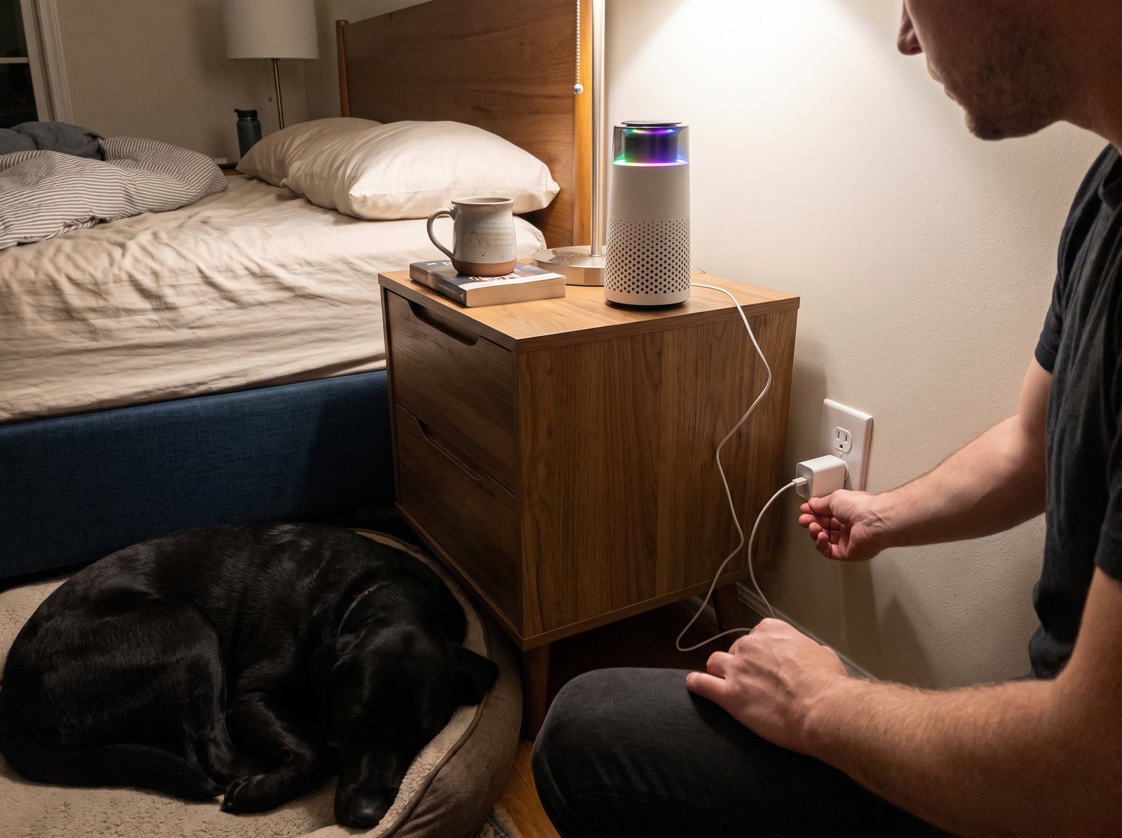 A hand plugging a USB cable into a wall block behind a nightstand while a black labrador sleeps on a dog bed nearby.