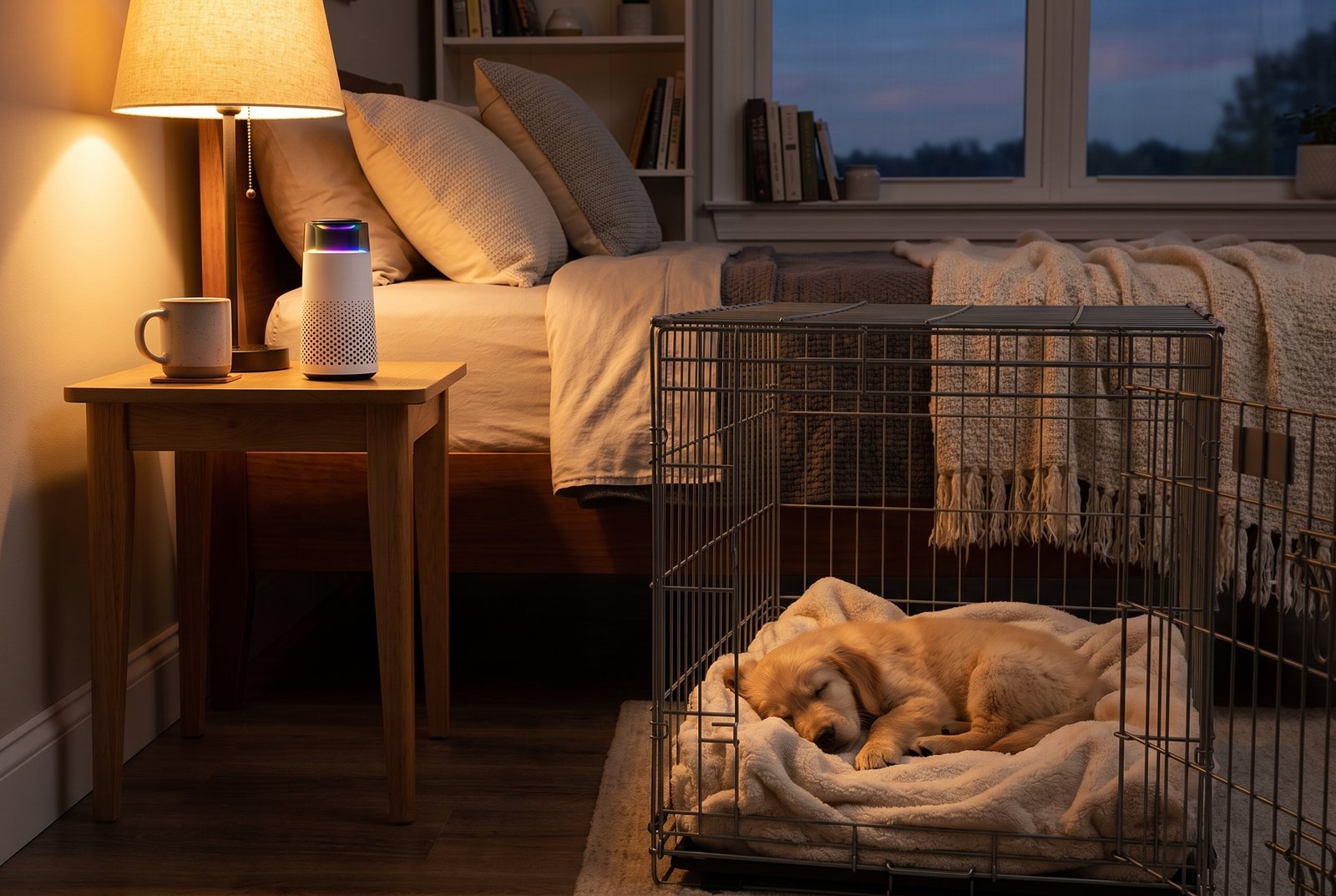 A puppy asleep in an open wire crate next to a nightstand where the Puppy Kind purifier glows softly under a lamp.