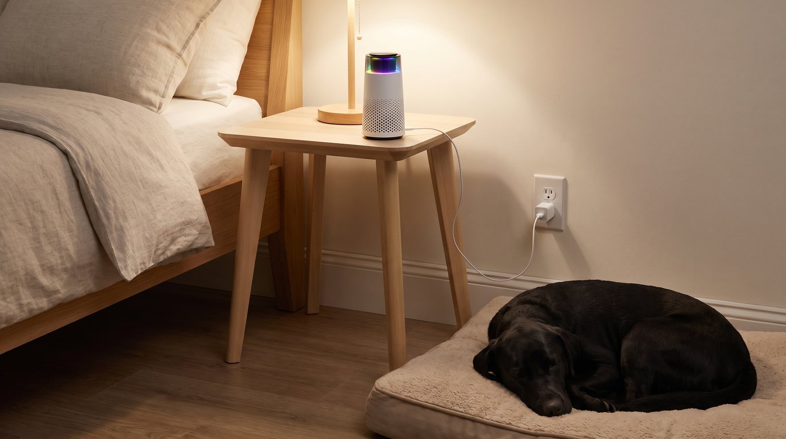The Puppy Kind purifier on a nightstand with a thin white USB cable running down the back of the leg to a wall outlet, while a black labrador sleeps on a dog bed nearby.