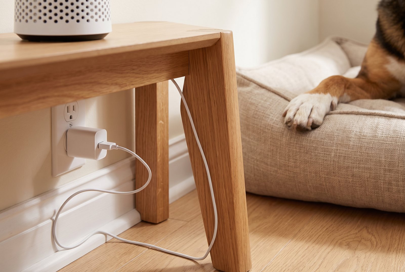 A small white USB power block in a wall outlet behind a wooden nightstand, with a thin cable running up the back of the leg and a dog's paw resting on a bed in the background.