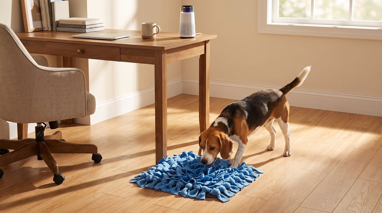 A beagle nosing through a blue snuffle mat on a home office floor, the Puppy Kind purifier on the desk corner above.
