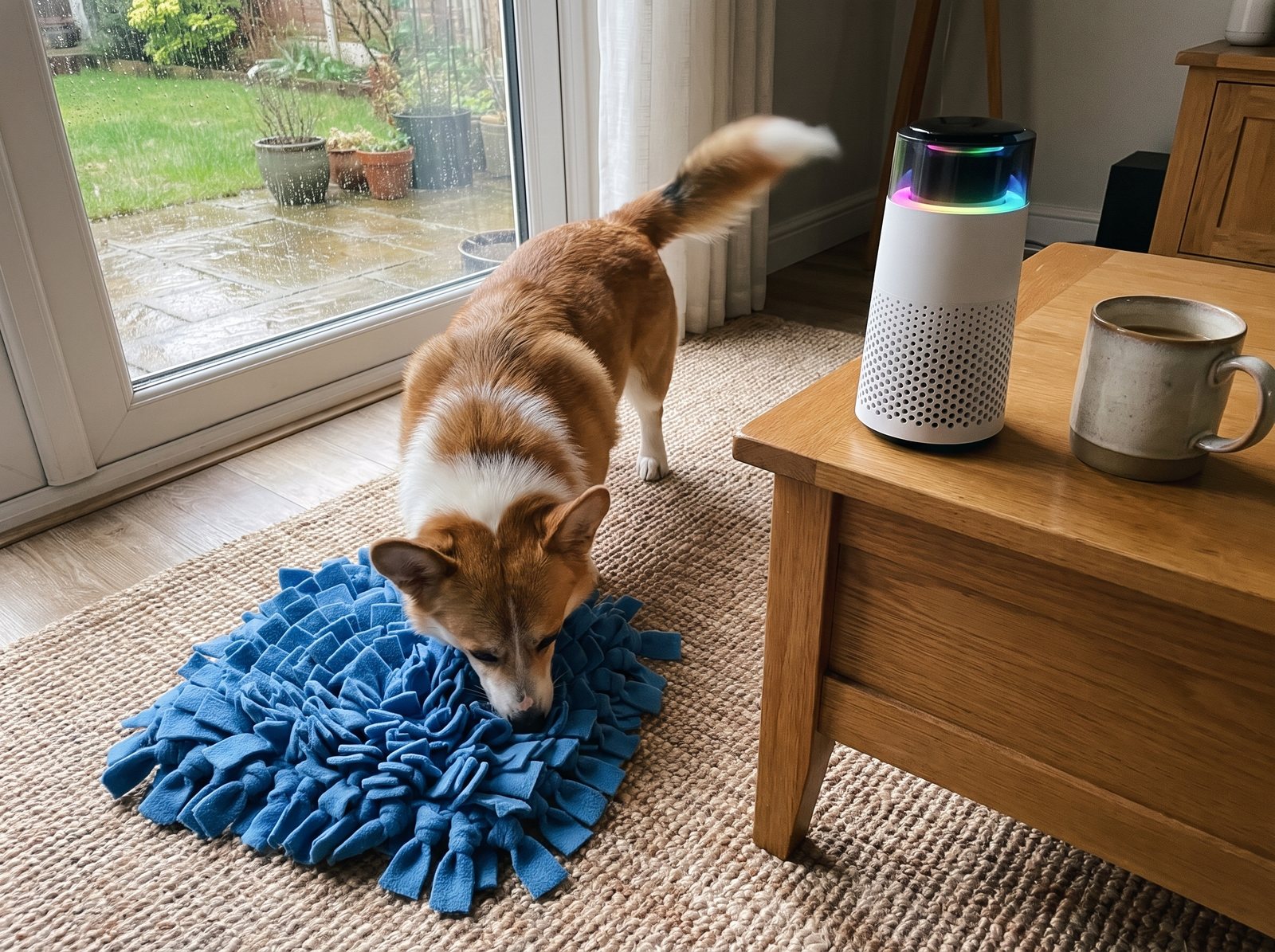 A corgi with its nose buried in a blue snuffle mat on a rug, tail wagging, the Puppy Kind purifier on a side table.