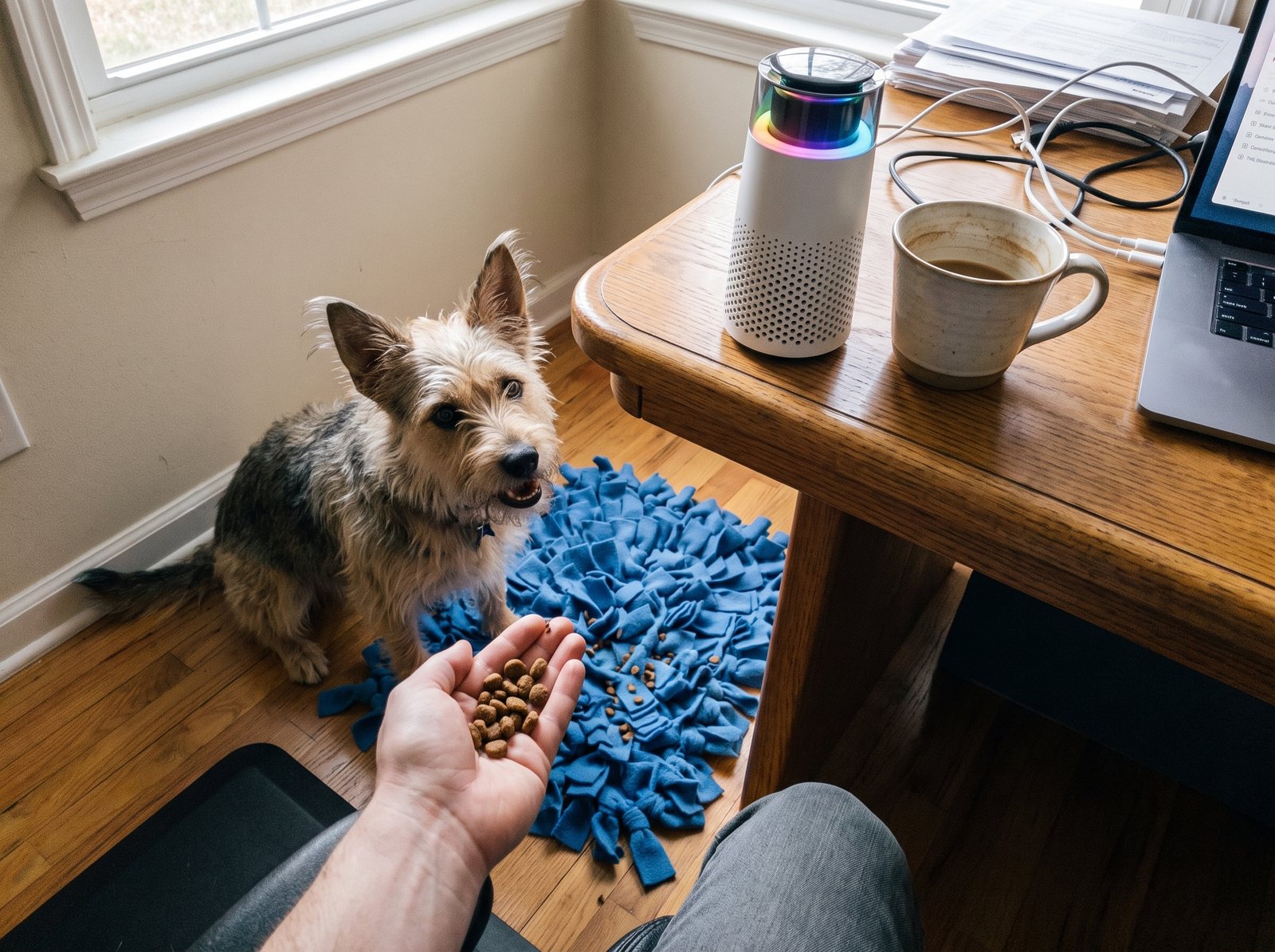 A hand scattering kibble onto a blue snuffle mat while a terrier mix watches, the Puppy Kind purifier on the desk corner.